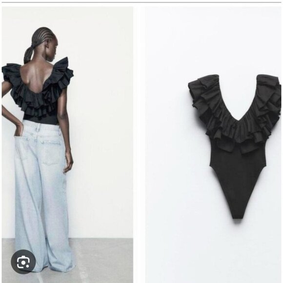 ZARA | Ruffle Bodysuit Ribbed Black Sz S - Picture 1 of 7